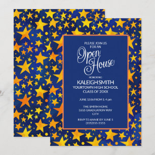 Invitation Étoiles dorées sur fond bleu marine Open House Fêt