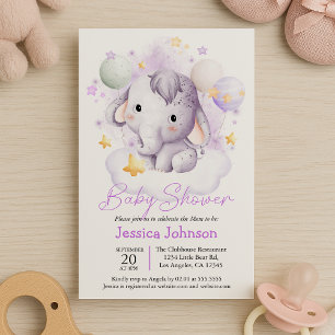 Invitation Etoiles Eléphant Rose Cute Aquarelle