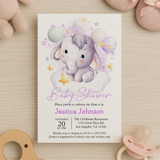 Invitation Etoiles Eléphant Rose Cute Aquarelle