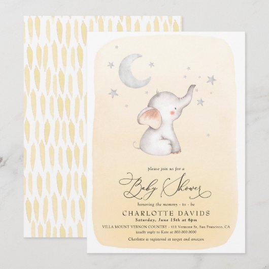 Invitation Etoiles éléphantes Lune Jaune Baby shower neutre (Devant / Derrière)