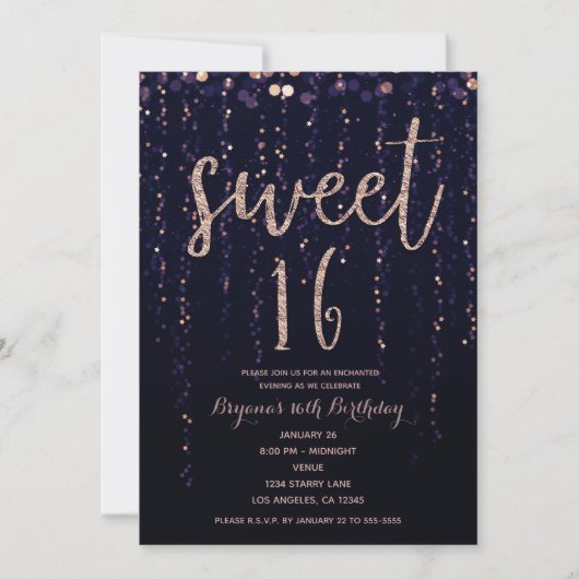 Invitation Étoiles enchantées Purple & Gold Sweet 16 Parties (Devant)