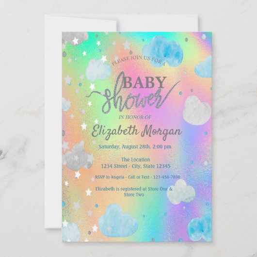 Invitation Étoiles et nuages mignons Holographique arc-en-cie (Devant)