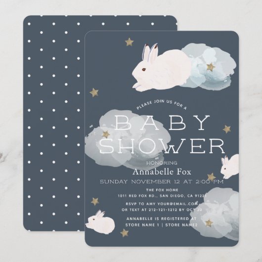 Invitation Étoiles et nuages Volant Bunny Baby shower Invitat (Devant / Derrière)