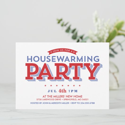 Invitation Étoiles et rayures Fête de réchauffement domestiqu (Debout devant)