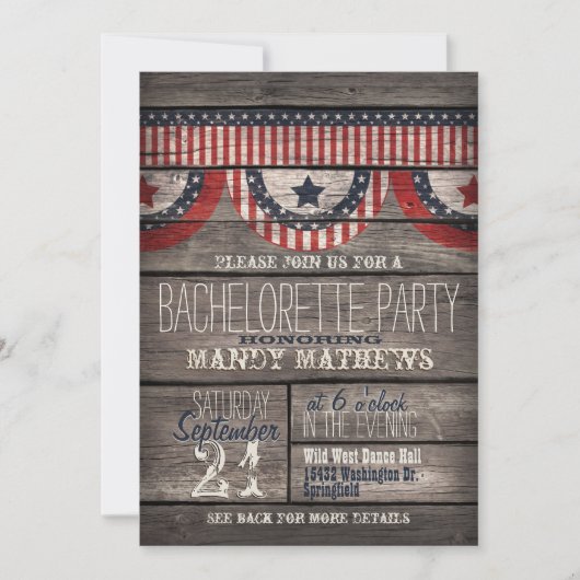 Invitation Étoiles et rayures sur Rustic Wood Bachelorette Pa (Devant)
