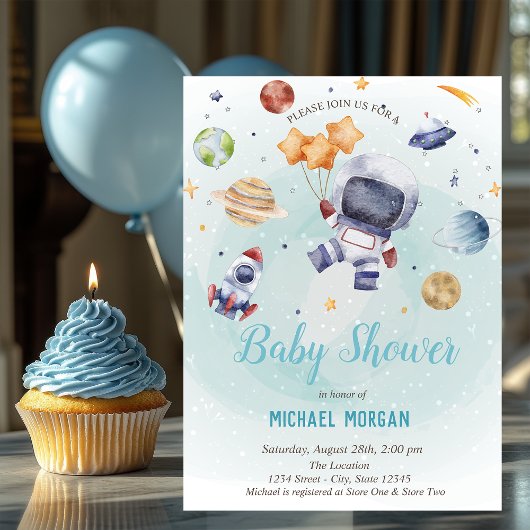 Invitation Étoiles, Fusée, Astronaute Baby Shower dans l'espa