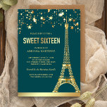 Invitation Etoiles Gold Foil Tour Eiffel Sweet sixteen Turquo<br><div class="desc">Éblouissez vos invités avec cet élégant invitation de Sweet sixteen à thème parisien aux accents de fausse feuille d'or. Ajoutez simplement les détails de votre événement sur ce modèle facile à utiliser pour en faire une invitation unique. Retournez la carte pour révéler une fausse texture de feuille d'or au dos...</div>