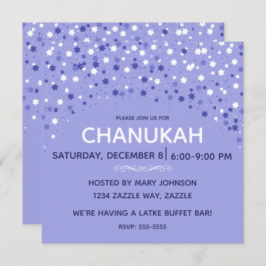 Invitation Étoiles Hanoukka bleues et blanches (Devant / Derrière)