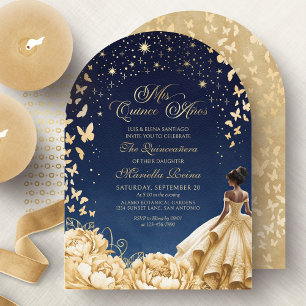 Invitation Étoiles Jaune Or Papillons Floral Quinceanera