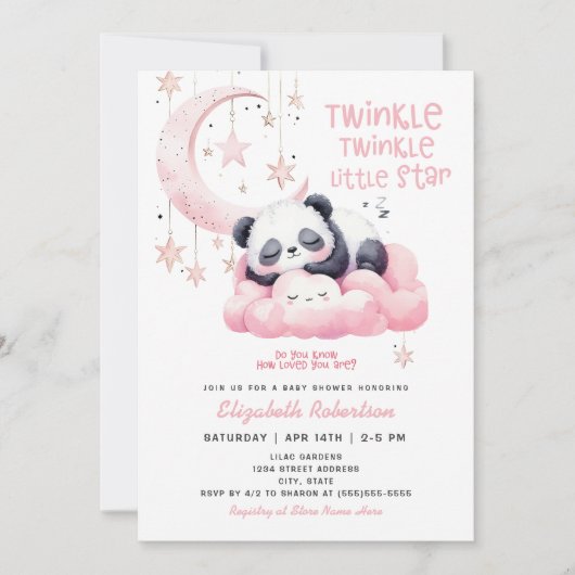 Invitation Étoiles Lune Panda rose ours Baby shower fille (Devant)