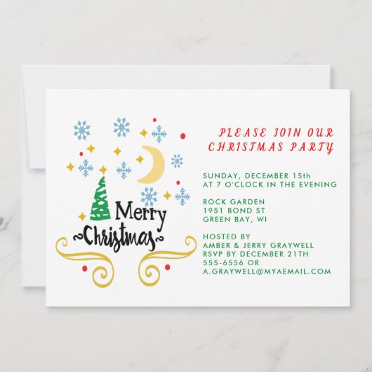 Invitation Étoiles, Lune, Snowflakes et Joyeux Noël, ZPR (Devant)