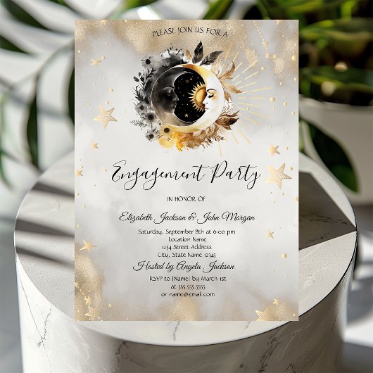 Invitation Étoiles Lunes Fleurs Or Céleste