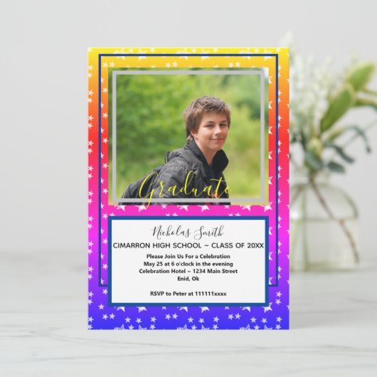Invitation Étoiles modernes Bleu | Graduation Party (Debout devant)