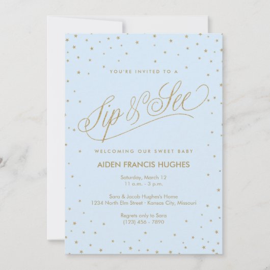 Invitation Étoiles mousseuses Bleu Garçon bébé Sip et voir (Devant)