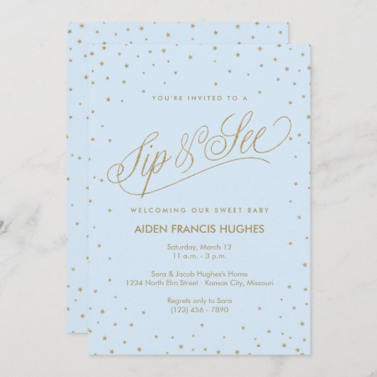 Invitation Étoiles mousseuses Bleu Garçon bébé Sip et voir (Devant / Derrière)