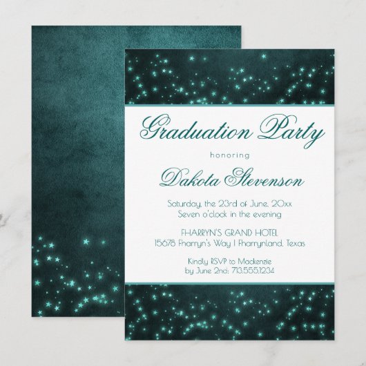 Invitation Étoiles Mystic Twilight | Graduation Turquoise pro (Devant / Derrière)