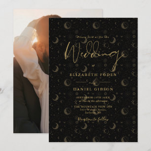 Invitation Étoiles noires et dorées Photo de lune Mariage cél
