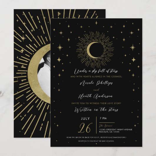 Invitation Étoiles noires et dorées Soleil céleste Explosion (Devant / Derrière)