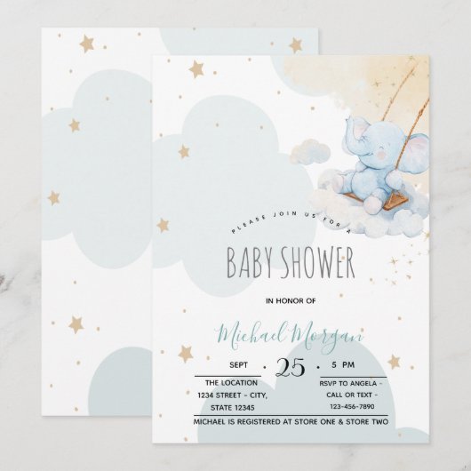 Invitation Etoiles Nuages Bleu Teddy Baby shower Ours (Devant / Derrière)