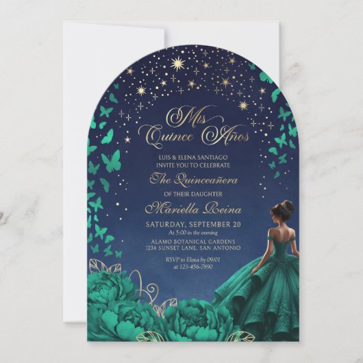 Invitation Etoiles Nuit Céleste Emerald Green Quinceanera (Devant)