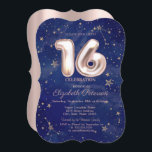 Invitation Étoiles or Rose tendance Marine Blue Sweet 16<br><div class="desc">Étoiles sur arrière - plan bleu marine.</div>