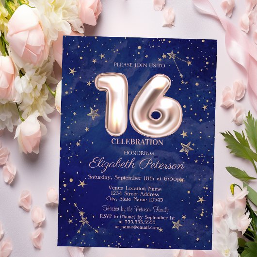 Invitation Étoiles or Rose tendance Marine Blue Sweet 16