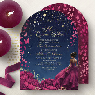 Invitation Étoiles Papillons Quinceanera Bourgogne