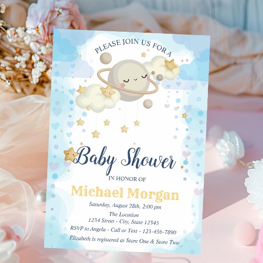 Invitation Etoiles Planète Nuages Baby shower bleu