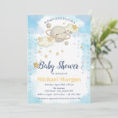 Invitation Etoiles Planète Nuages Baby shower bleu (Debout devant)