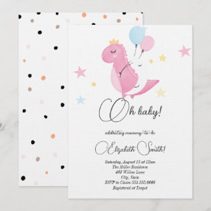 Invitation Étoiles, points, baby shower de dinosaures roses