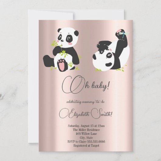 Invitation Étoiles, points, mignons pandas, baby shower (Devant)