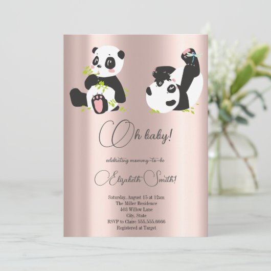 Invitation Étoiles, points, mignons pandas, baby shower (Debout devant)