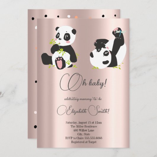 Invitation Étoiles, points, mignons pandas, baby shower (Devant / Derrière)