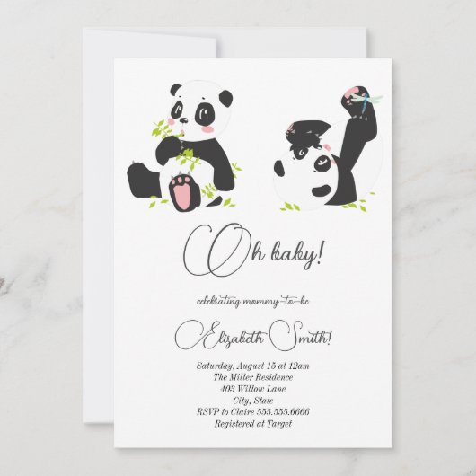 Invitation Étoiles, points, mignons pandas, baby shower (Devant)