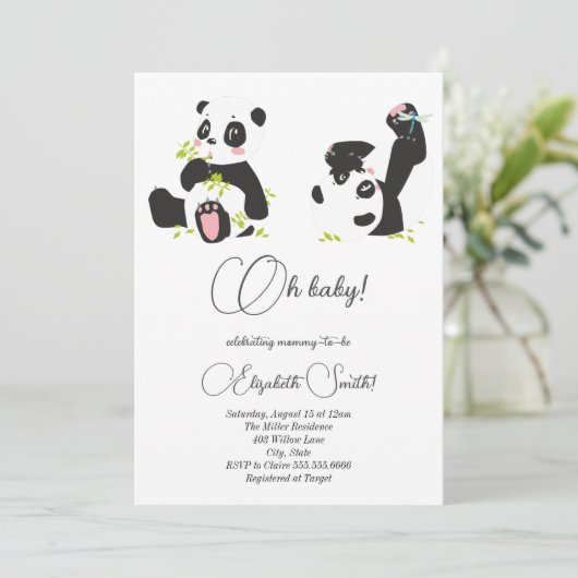 Invitation Étoiles, points, mignons pandas, baby shower (Debout devant)