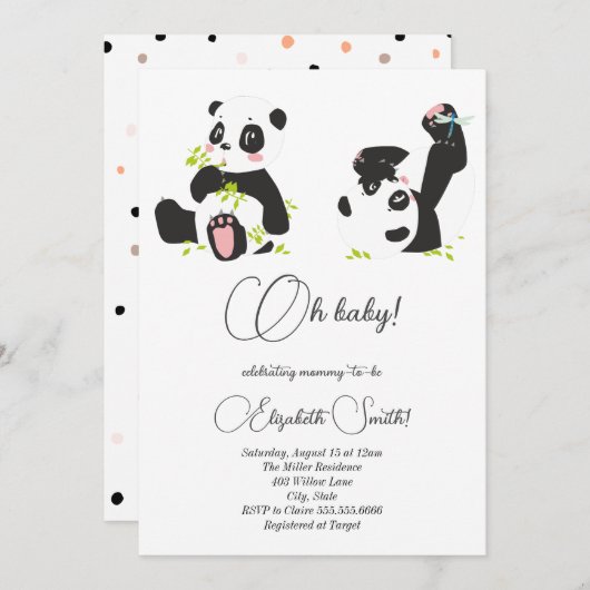 Invitation Étoiles, points, mignons pandas, baby shower (Devant / Derrière)