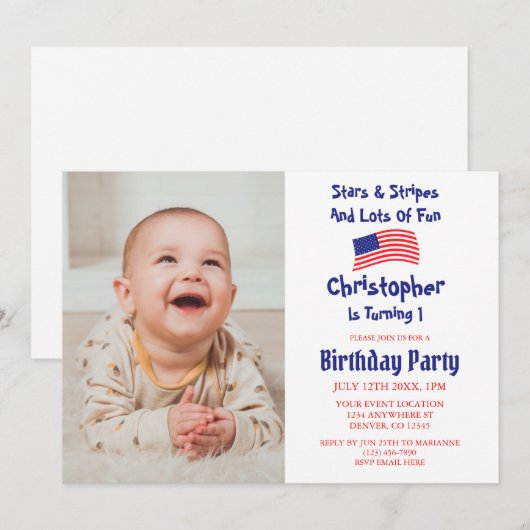Invitation Étoiles & rayures 1er anniversaire (Devant / Derrière)
