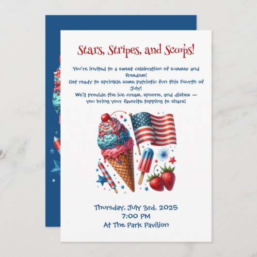 Invitation Étoiles, rayures et Scoops (Devant / Derrière)