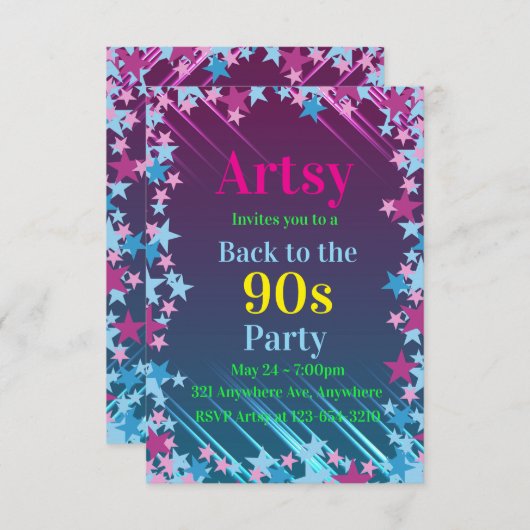 Invitation Étoiles rose et bleu (Devant / Derrière)