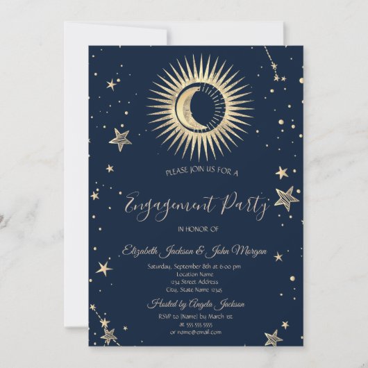 Invitation Étoiles Soleil Or Céleste Et Lune (Devant)
