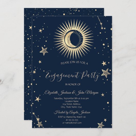 Invitation Étoiles Soleil Or Céleste Et Lune (Devant / Derrière)