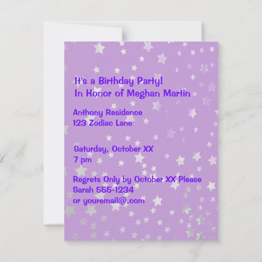 Invitation Étoiles violettes| Symbole zodiaque d'anniversaire (Dos)