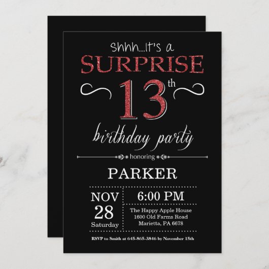 Invitation Étonnez le 13èmes noir et rouge d'invitation (Devant / Derrière)