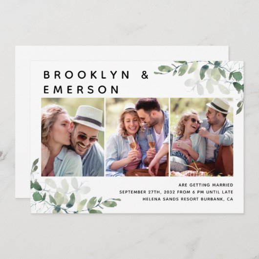 Invitation Eucalyptus 3 Photo Code QR Mariage (Devant / Derrière)