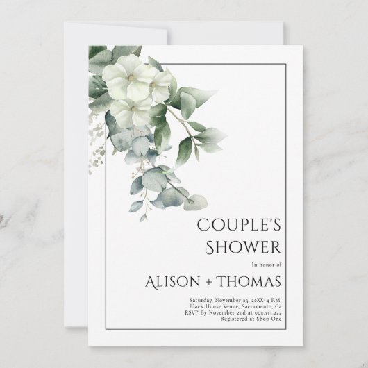Invitation Eucalyptus à fleurs blanches douche couple (Devant)