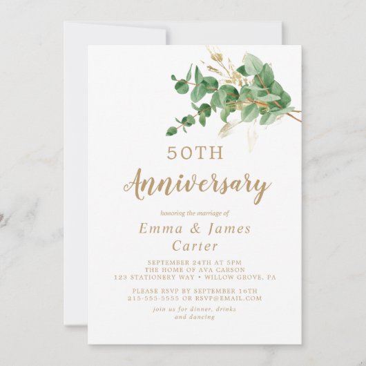 Invitation Eucalyptus à Veines Dorées 50e Anniversaire de Mar (Devant)