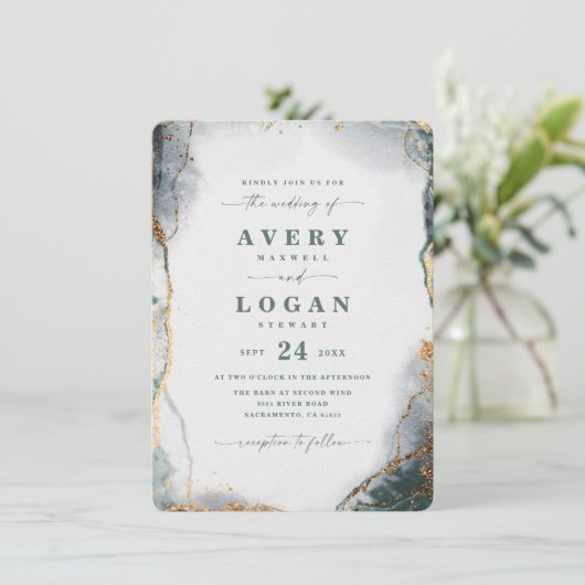 Invitation Eucalyptus Abstrait moderne Mariage vert et or (Debout devant)