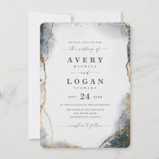 Invitation Eucalyptus Abstrait moderne Mariage vert et or (Devant)