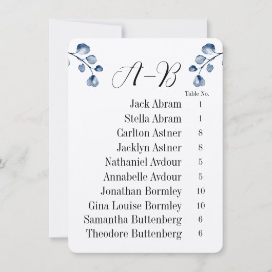 Invitation Eucalyptus Alphabetical 10 Guest Table Chart Cards (Devant)