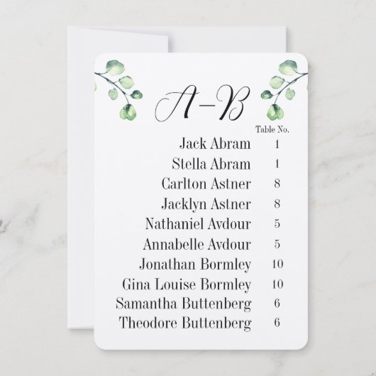 Invitation Eucalyptus Alphabetical 10 Guest Table Chart Cards (Dos)